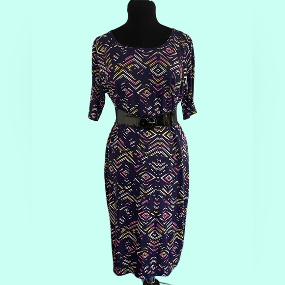 LuLaRoe Dresses & Skirts - Colorful Lu La Roe Julia Midi Julia Dress Navy with Yellow and Pink